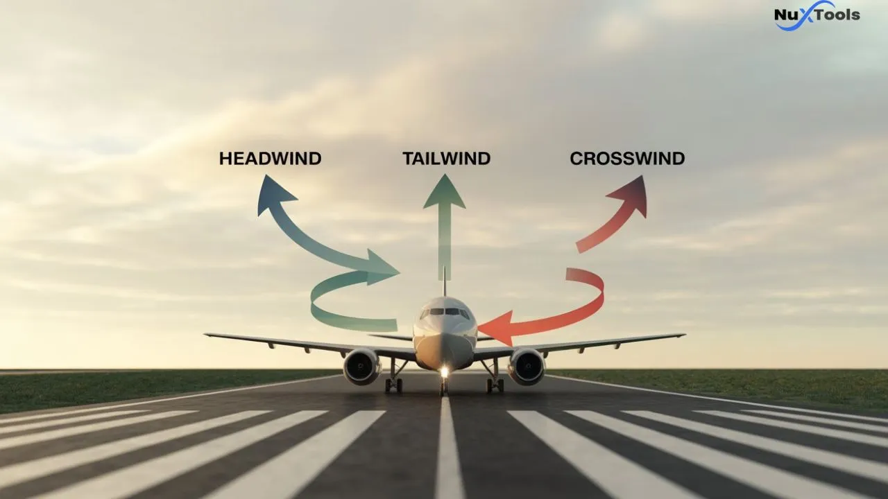 Professional and clear aviation runway illustration showing labeled arrows for Headwind, Tailwind, and Crosswind affecting an aircraft, perfect for explaining crosswind calculator concepts
