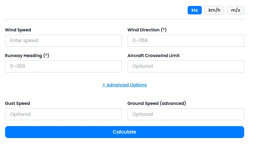 input section of crosswind calculator