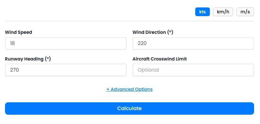 input of example calculation of crosswind calulator