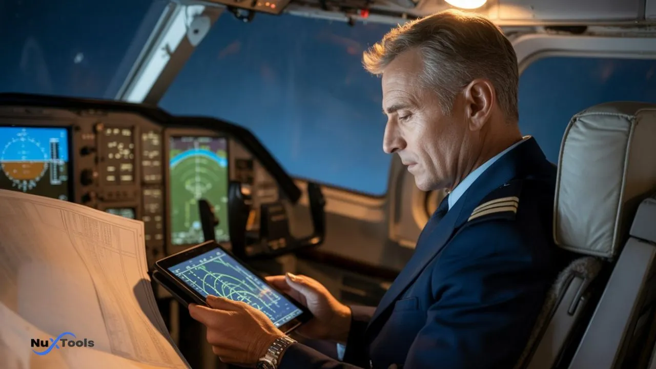 Pilot checking flight instruments and crosswind calculations in cockpit during flight planning with charts, tablet, and navigation tools – professional aviation setting