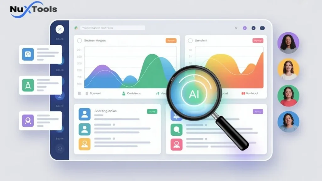 Dashboard visualization of best tools for monitoring AI reviews showing sentiment analysis, real-time alerts, and customer feedback analytics.