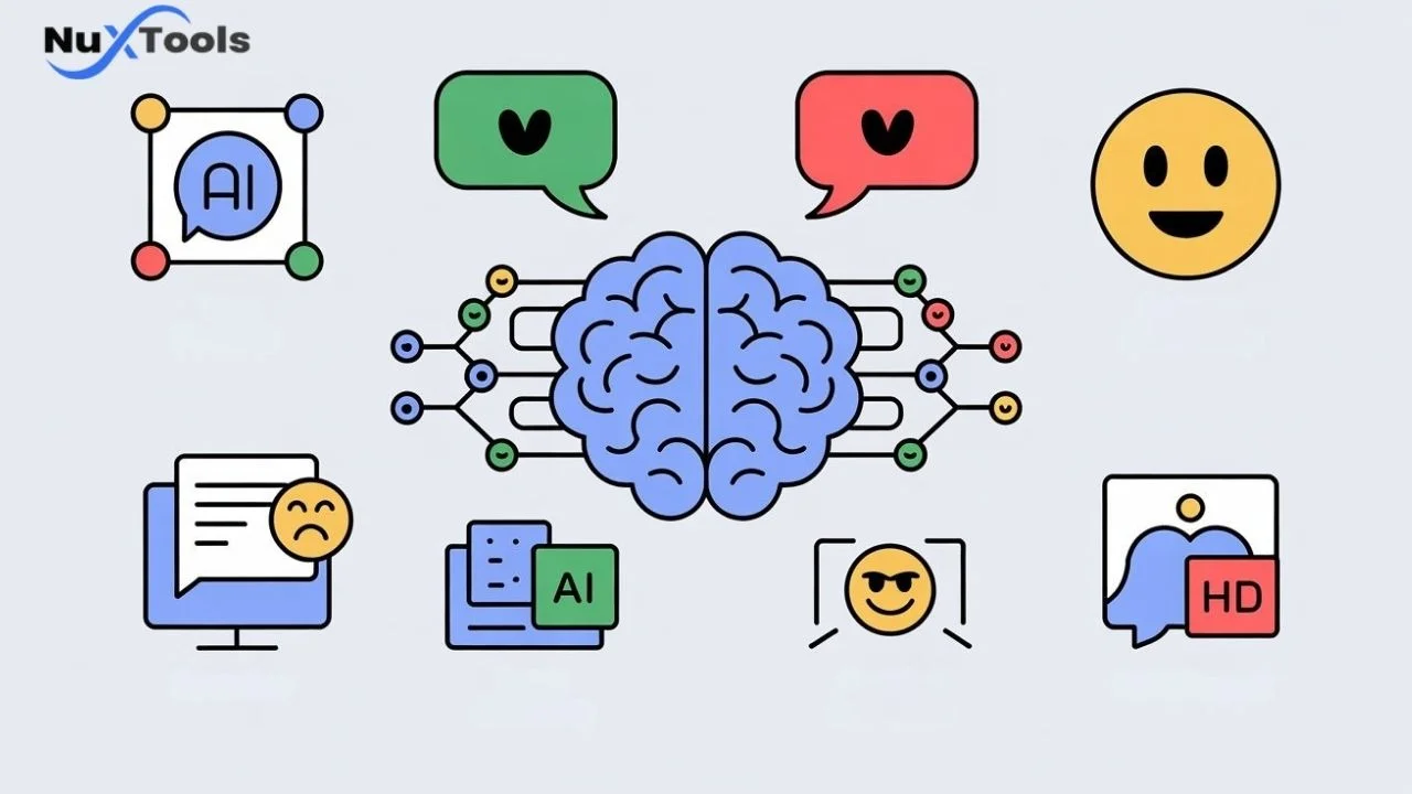 Natural Language Processing concept showcasing AI analyzing customer reviews with sentiment analysis and emotion detection.