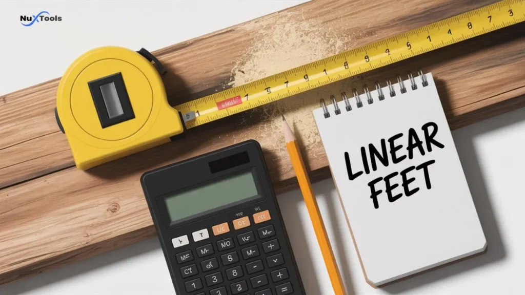 How to calculate linear feet with measuring tape and calculator on wooden surface