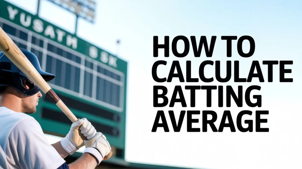 how to calculate batting average – baseball player with bat and scoreboard, featured sports imag
